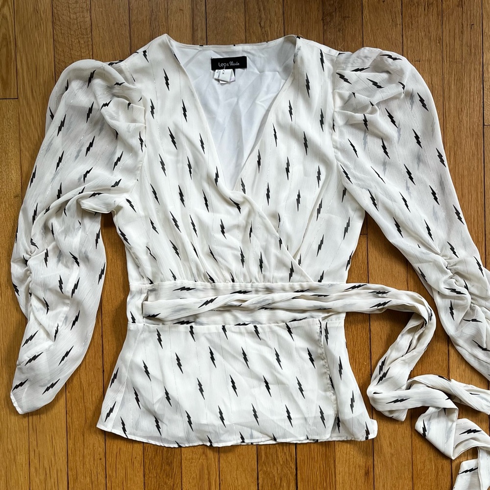 White and Black Wrap Top by Lea & Viola — Size Small